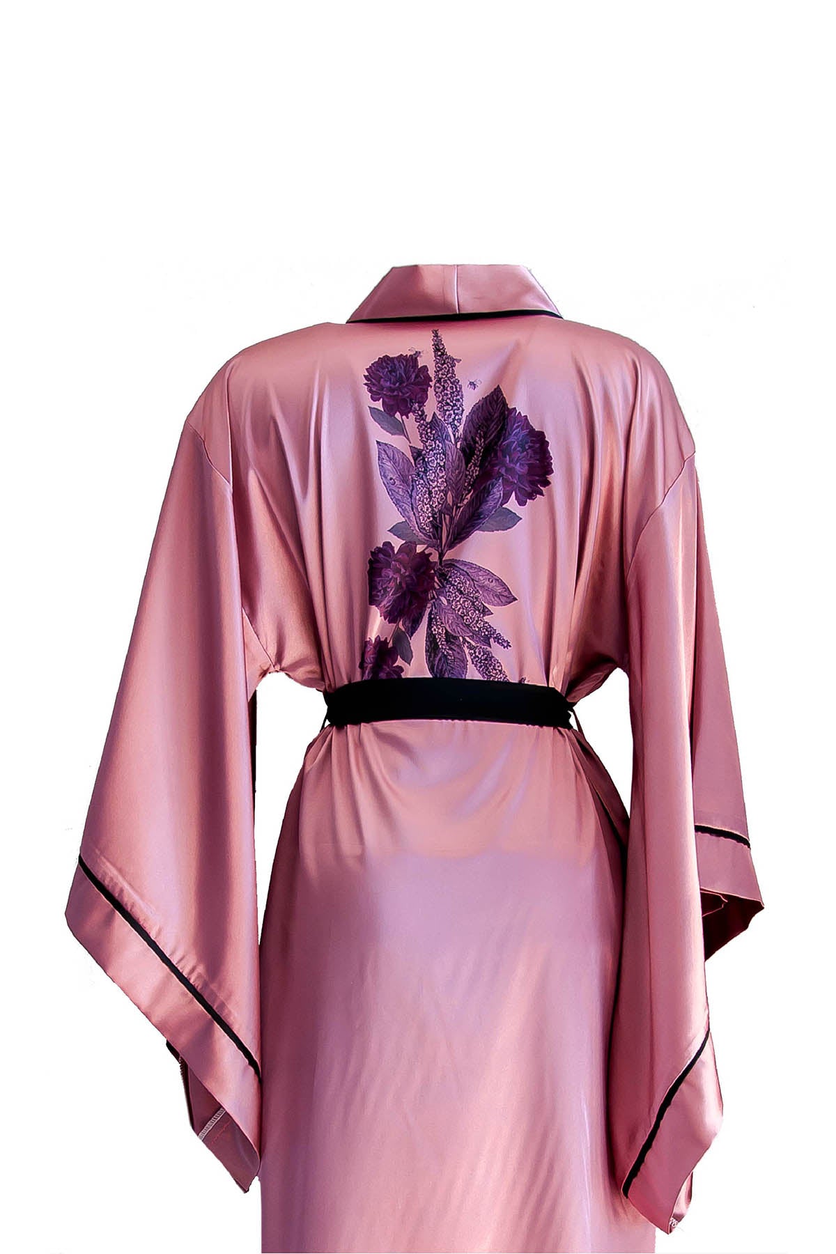 GÜL KURUSU YARASA KOL SİYAH BİYELİ KİMONO