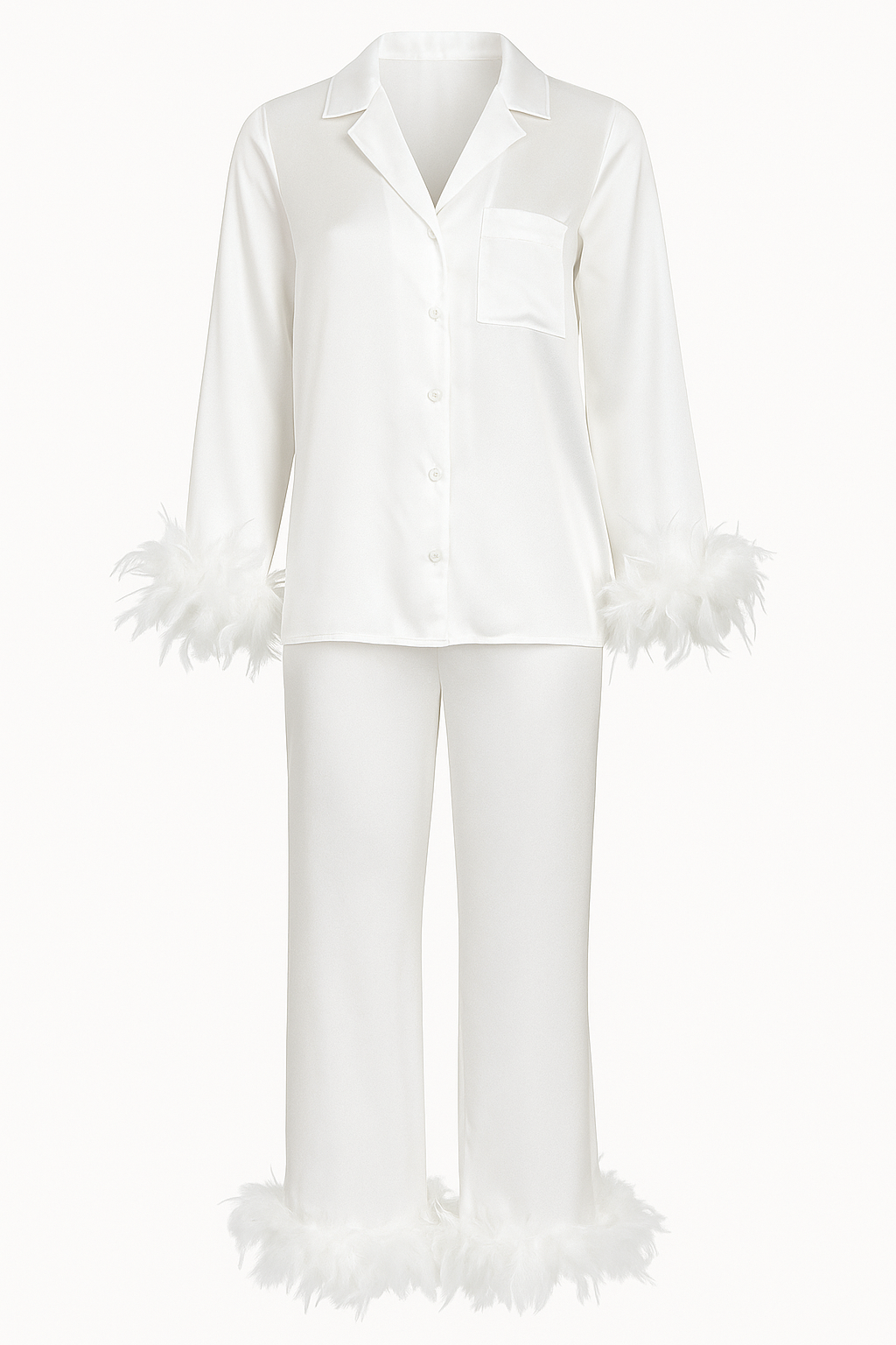 BEYAZ RENK SATEN KUMAŞ OTRİŞLİ PİJAMA TAKIMI