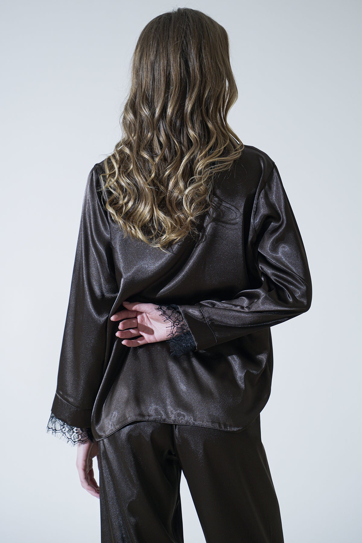 ACI KAHVE SATEN GÖMLEKLİ PİJAMA TAKIMI