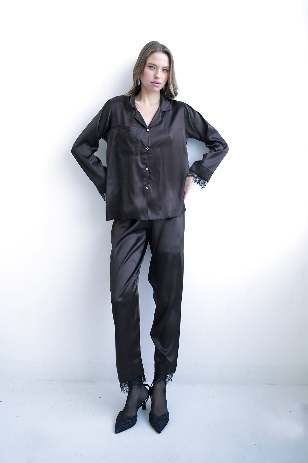 ACI KAHVE SATEN GÖMLEKLİ PİJAMA TAKIMI