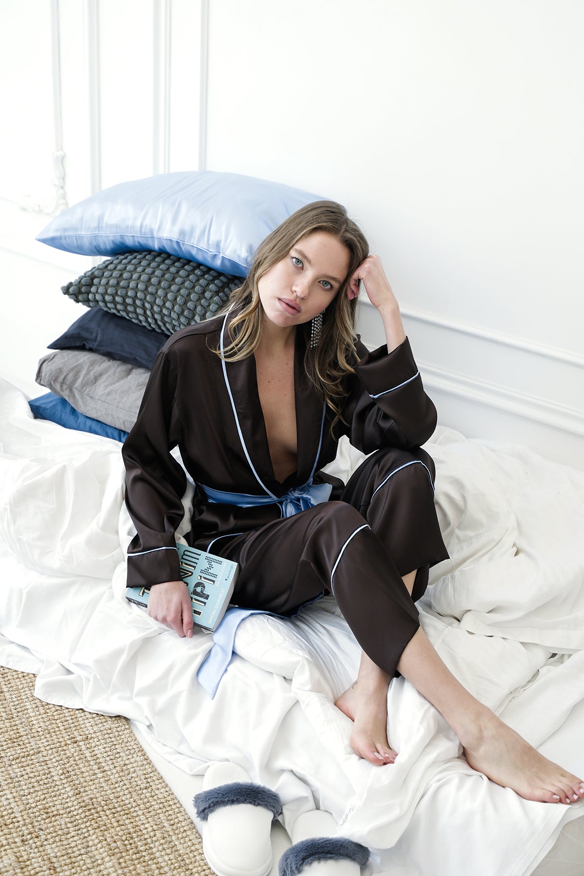 ACI KAHVE-MAVİ MIKS SATEN ŞAL YAKA KİMONO-PANTOLON TAKIM