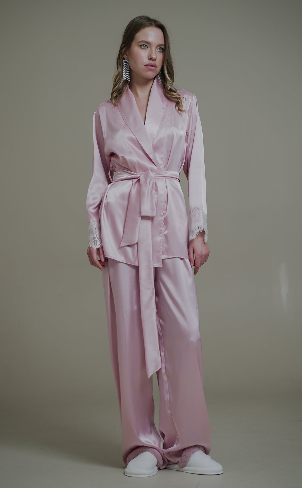 PUDRA SATEN ŞAL YAKA KİMONO-PANTOLON TAKIM