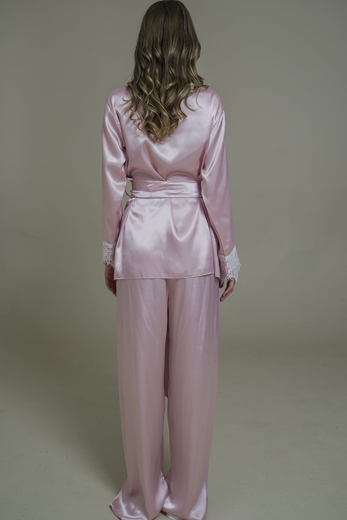 PUDRA SATEN ŞAL YAKA KİMONO-PANTOLON TAKIM