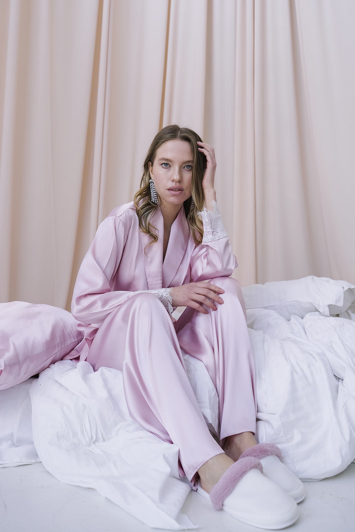 PUDRA SATEN ŞAL YAKA KİMONO-PANTOLON TAKIM