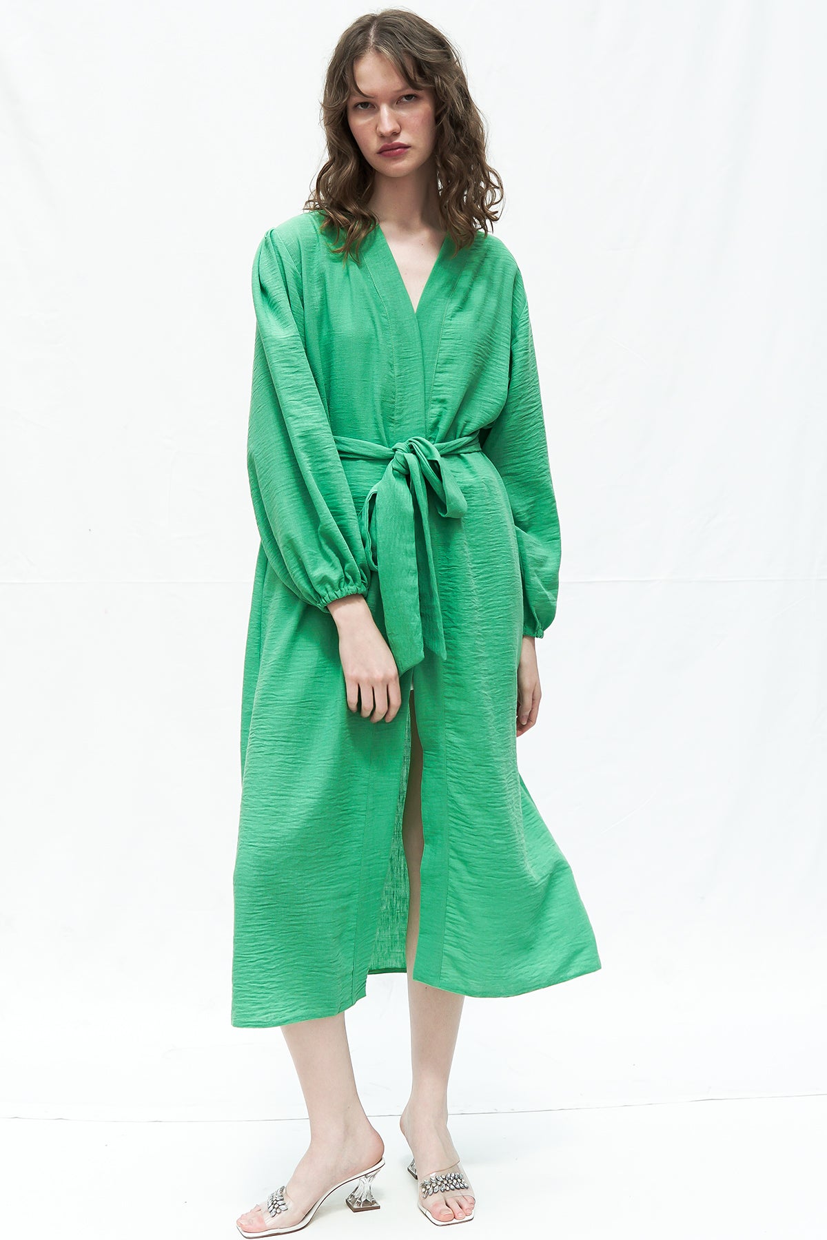 YEŞİL RENK HAM KETEN BALON KOL KİMONO