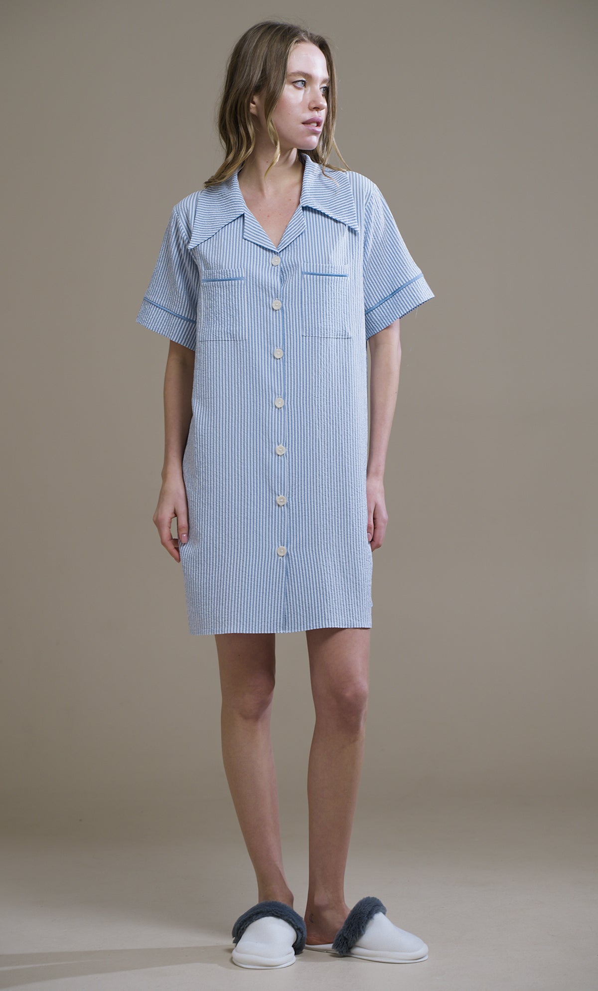 ÇİZGİLİ GOFRE KUMAŞ GÖMLEK ELBİSE