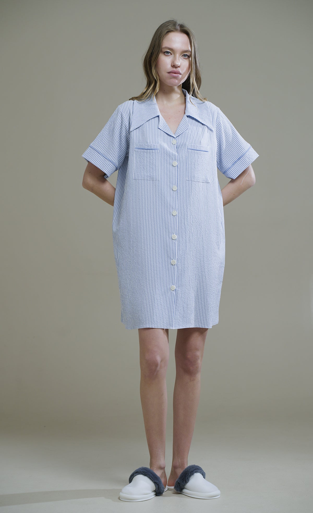 ÇİZGİLİ GOFRE KUMAŞ GÖMLEK ELBİSE