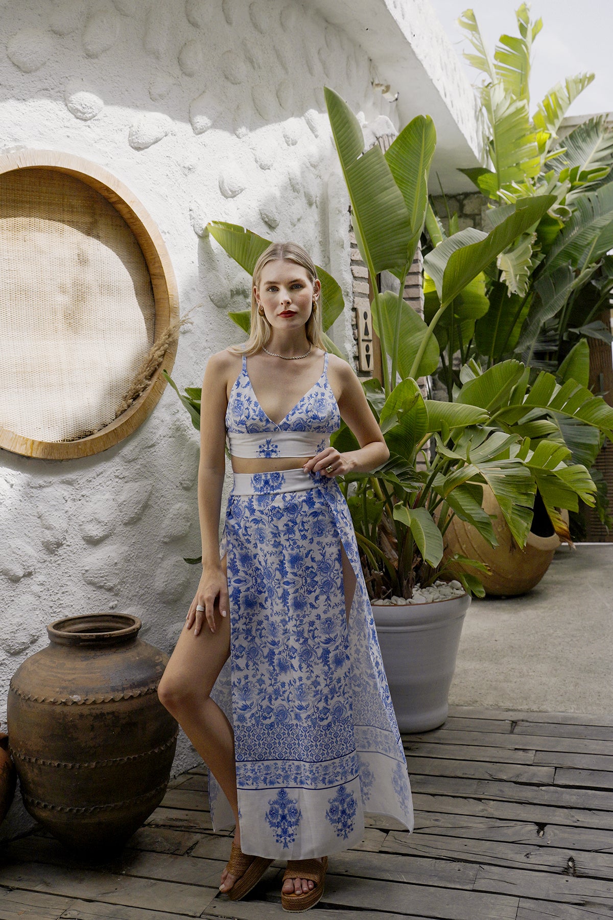 MAVİ DESENLİ HAM KETEN BRALET-ETEK TAKIM