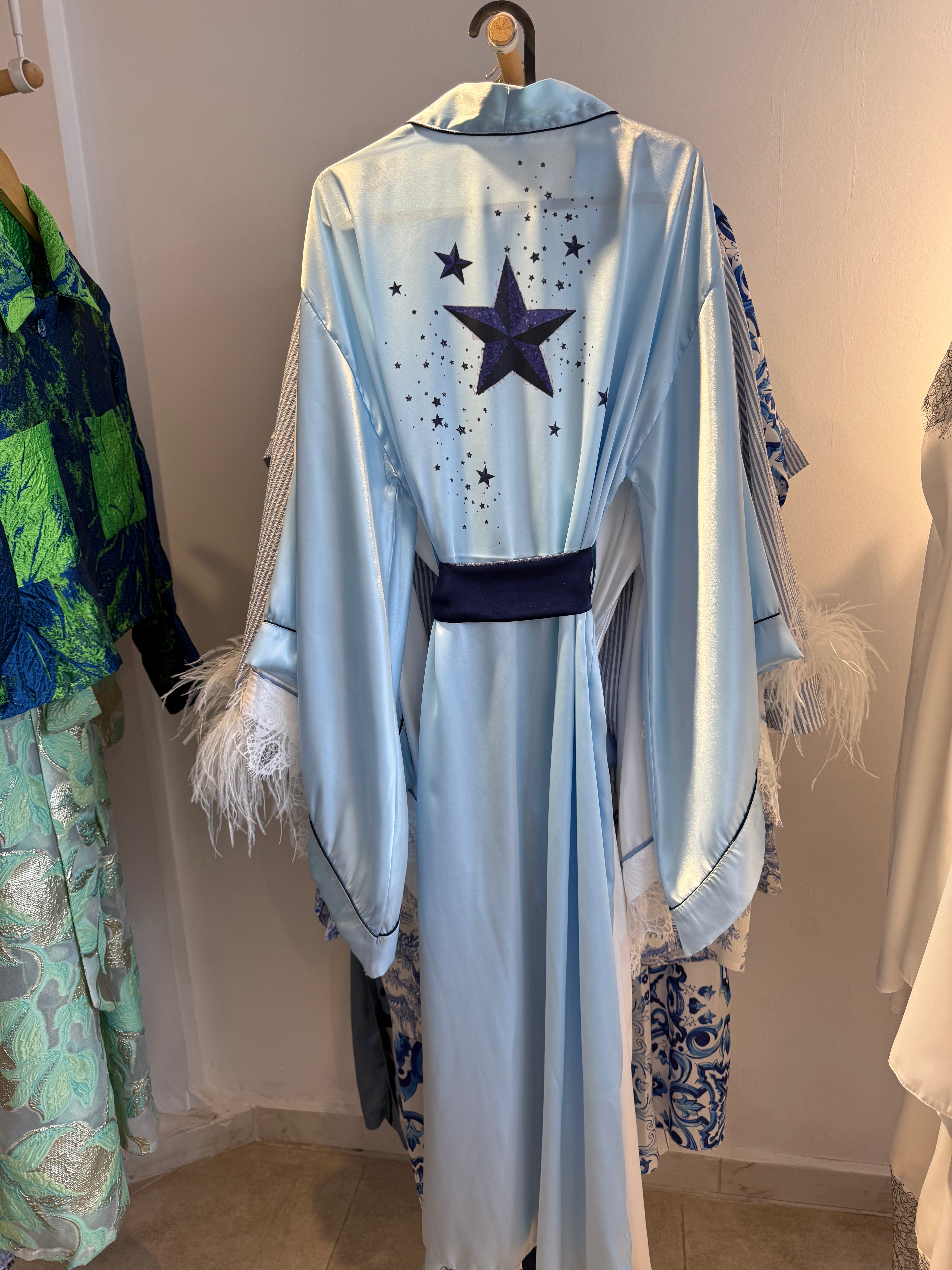 MAVİ SATEN YARASA KOL KİMONO