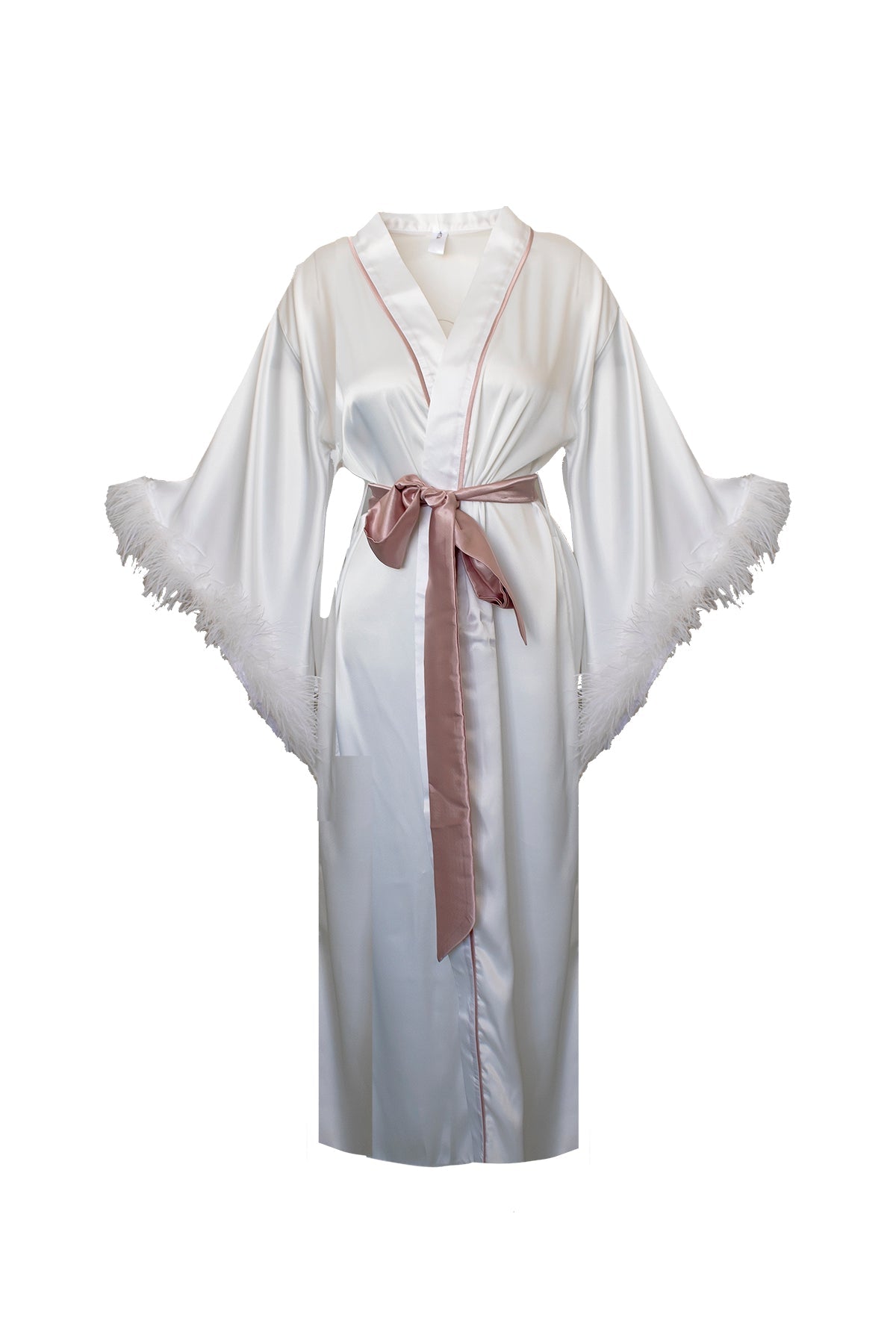 ÇİÇEK TASARIMLI BEYAZ RENK DEVE KUŞU TÜYLÜ PUDRA BİYELİ KİMONO