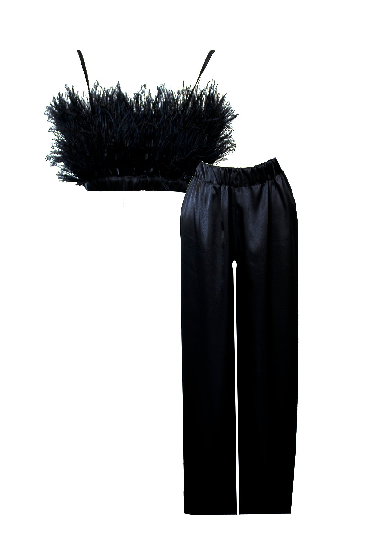 SİYAH DEVE KUŞU TÜYLÜ CROP-PANTOLON TAKIM