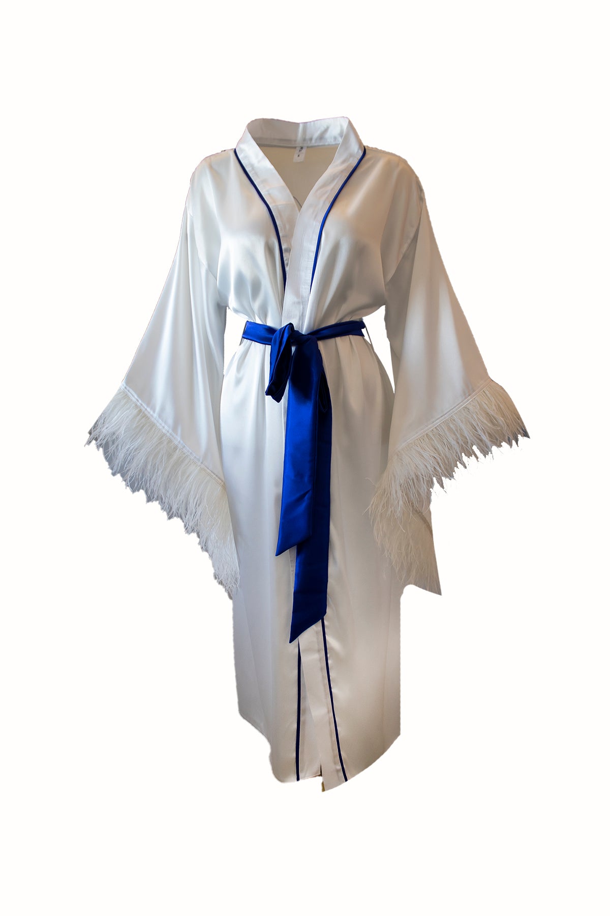 DEVE KUŞU TÜYLÜ SAKS MAVİ BİYELİ KİMONO