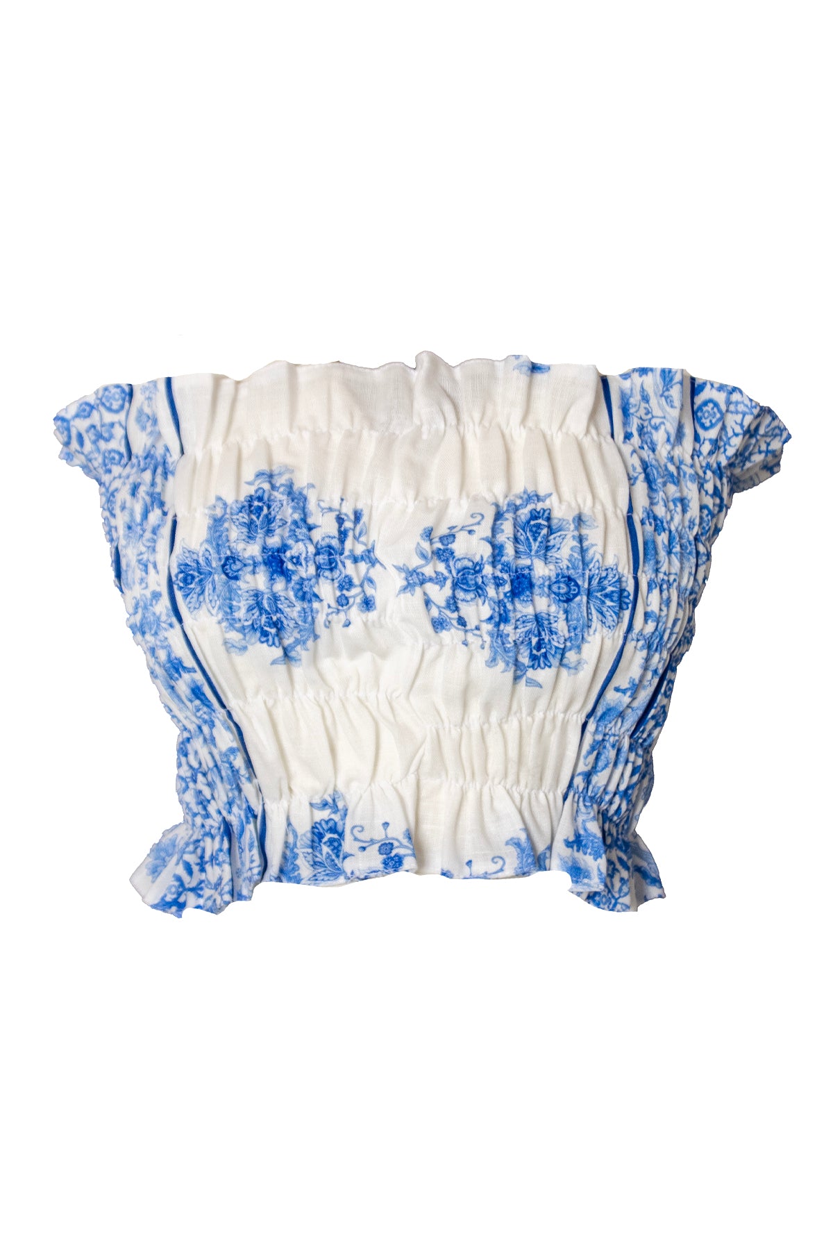 MAVİ DESENLİ HAM KETEN STRAPLEZ CROP