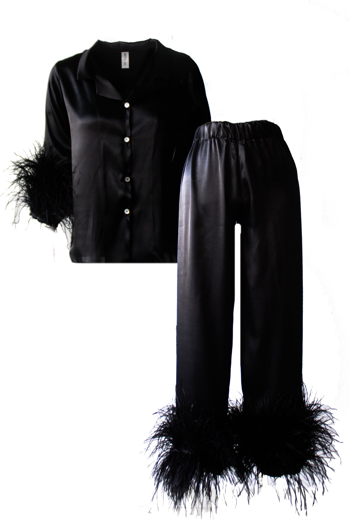 SİYAH DEVE KUŞU TÜYLÜ SATEN TAKIM