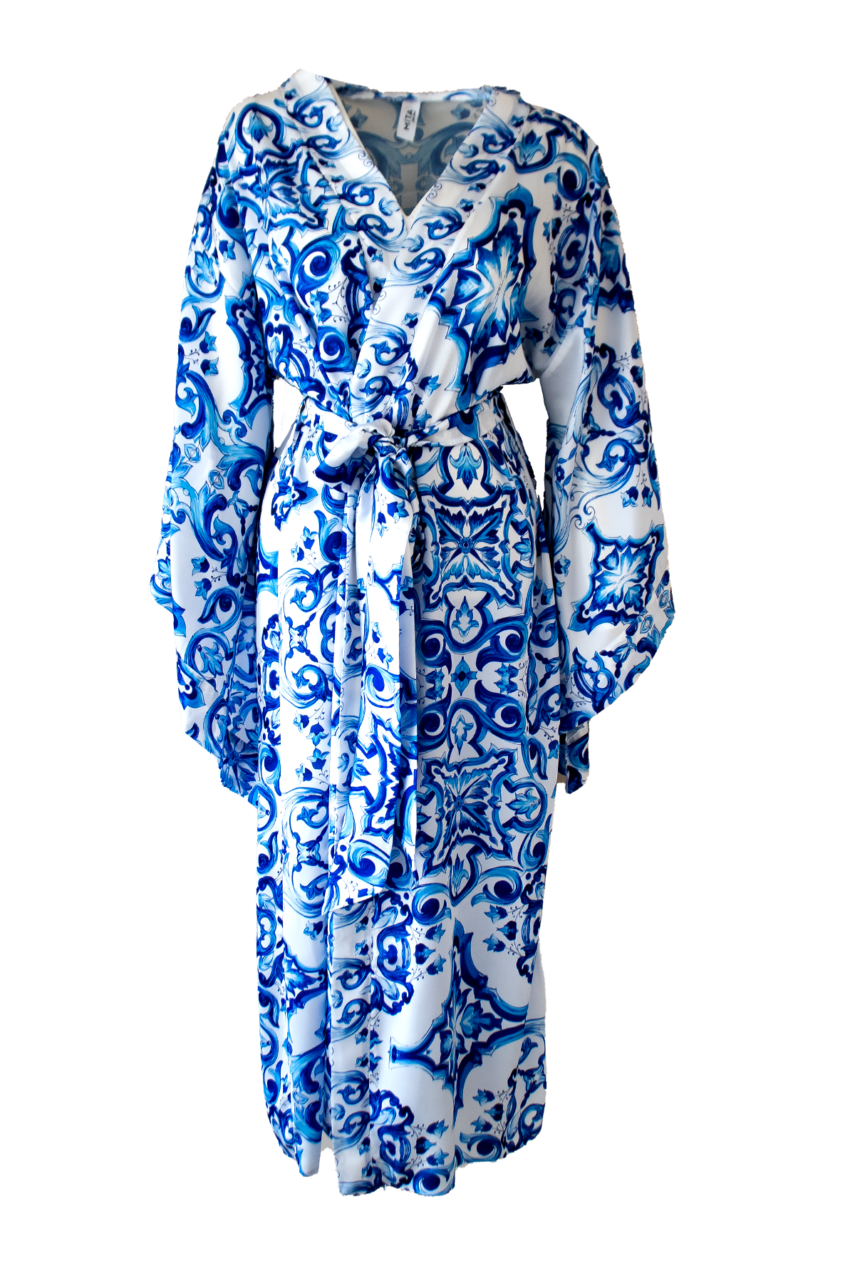 MAVİ ETNİK DESENLİ YARASA KOL KİMONO