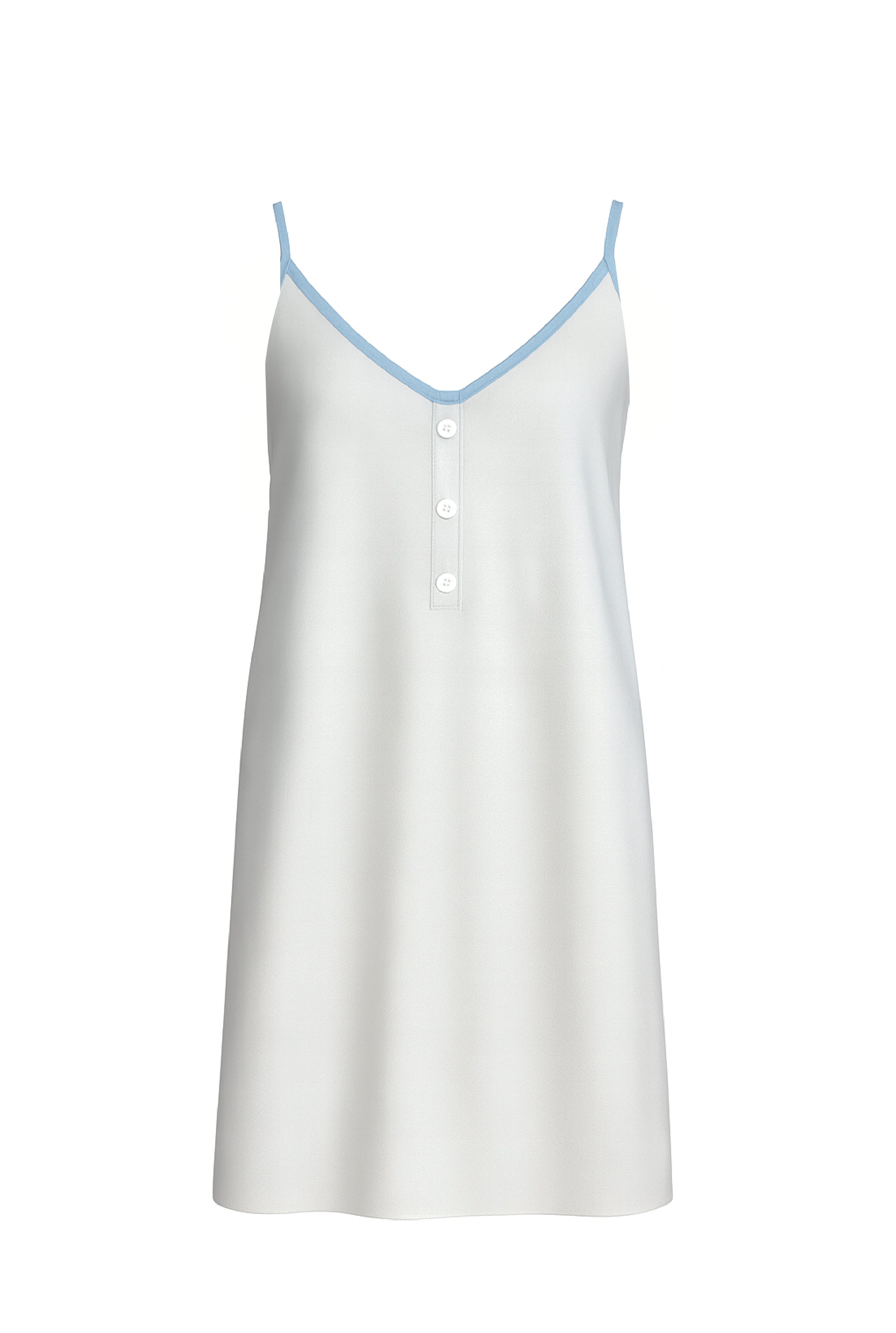 BEYAZ SATEN MAVİ BİYELİ DÜĞMELİ GECELİK