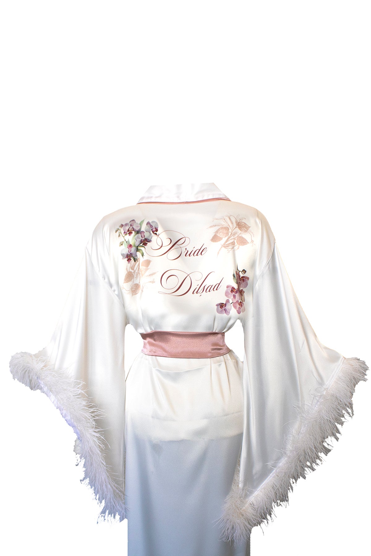 ÇİÇEK TASARIMLI BEYAZ RENK DEVE KUŞU TÜYLÜ PUDRA BİYELİ KİMONO