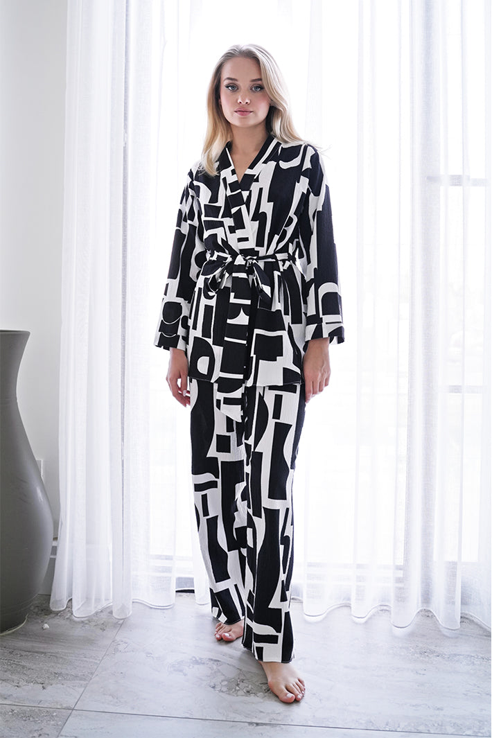 GEOMETRİK GOFRE KUMAŞ KİMONO-PANTOLON TAKIM