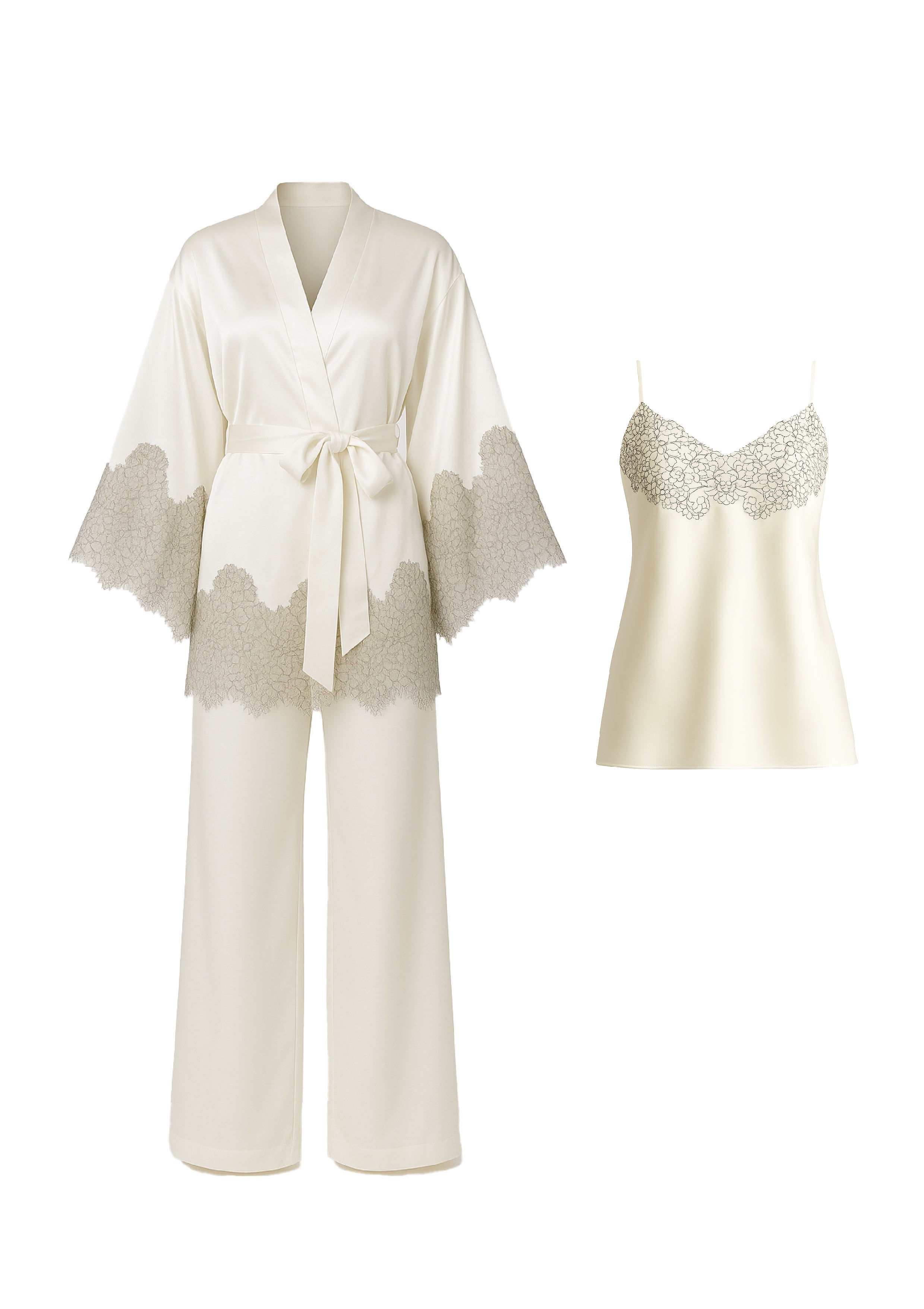 EKRU SATEN FRANSIZ DANTELLİ 3'lü SET