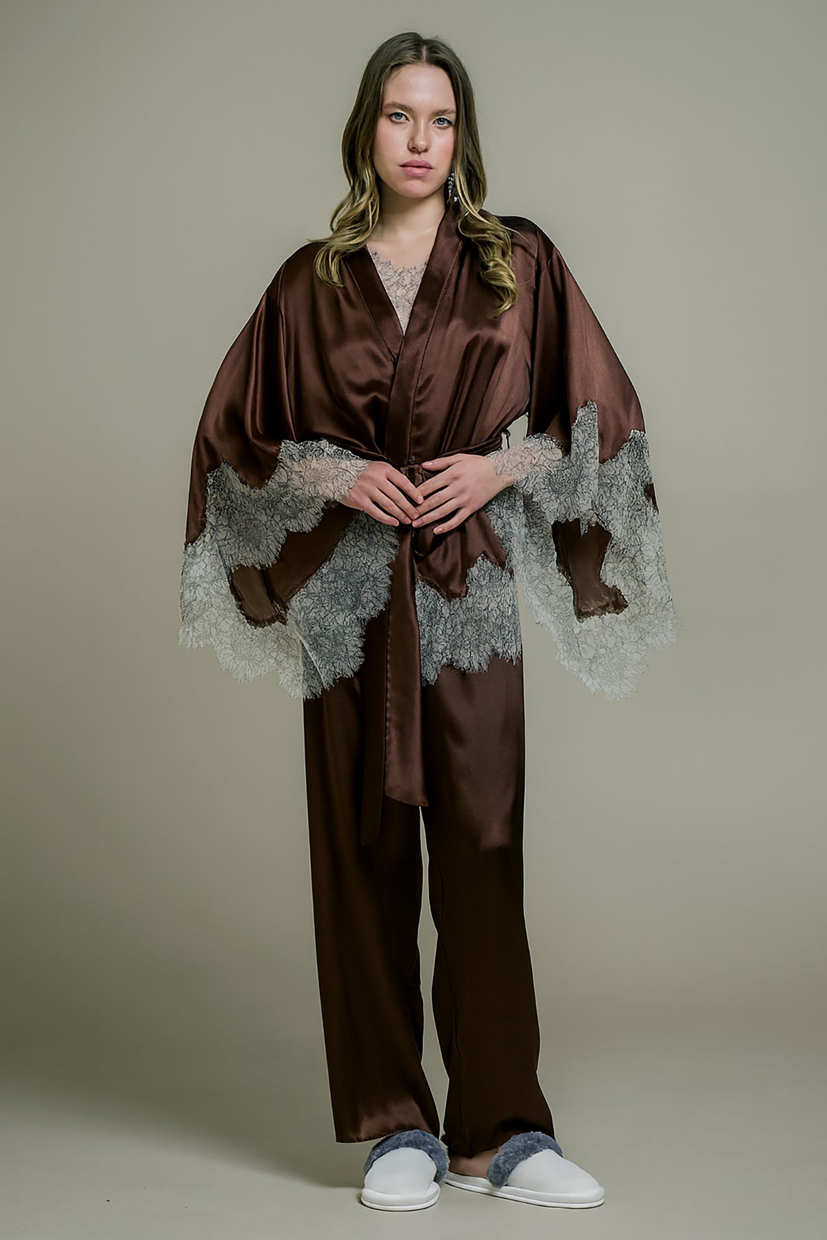 ACI KAHVE SATEN FRANSIZ DANTELLİ 3'lü SET