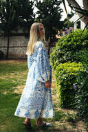 MAVİ DESENLİ HAM KETEN BALON KOL KİMONO