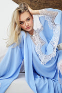 MAVİ KREP FRANSIZ DANTELLİ YARASA KOL KİMONO