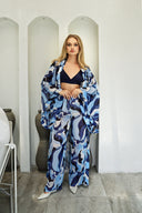 MAVİ DESENLİ ŞİFON KİMONO-PANTOLON-BRA TAKIM