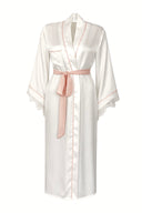 BEYAZ RENK PUDRA BİYELİ ŞAL YAKA DANTELLİ YARASA KOL KİMONO