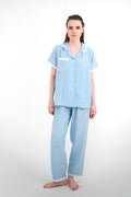 MAVİ KETEN FİSTOLU GÖMLEKLİ PİJAMA TAKIMI