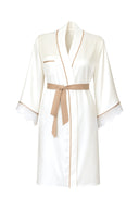 BEYAZ RENK SÜTLÜ KAHVE BİYELİ ŞAL YAKA DANTELLİ YARASA KOL KİMONO