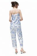 MAVİ DESENLİ EKRU BİYELİ SATEN ASKILI PİJAMA TAKIMI