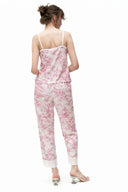 PEMBE DESENLİ EKRU BİYELİ SATEN ASKILI PİJAMA TAKIMI