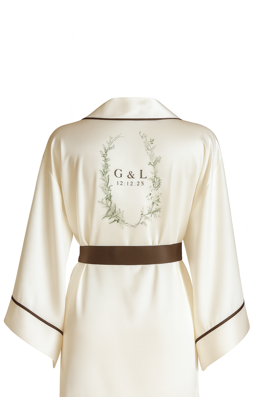 EKRU YARASA KOL KAHVERENGİ BİYELİ KİMONO