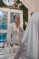 EKRU SATEN FRANSIZ DANTELLİ KİMONO-PANTOLON TAKIM