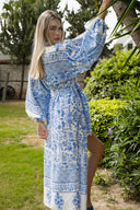 MAVİ DESENLİ HAM KETEN BALON KOL KİMONO