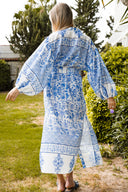 MAVİ DESENLİ HAM KETEN BALON KOL KİMONO