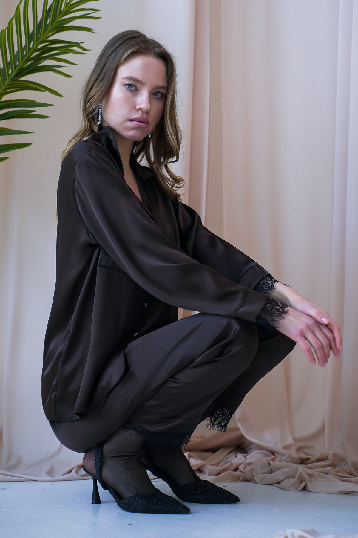 ACI KAHVE SATEN GÖMLEKLİ PİJAMA TAKIMI