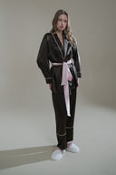 ACI KAHVE-PUDRA MIKS SATEN ŞAL YAKA KİMONO-PANTOLON TAKIM