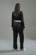 ACI KAHVE-PUDRA MIKS SATEN ŞAL YAKA KİMONO-PANTOLON TAKIM