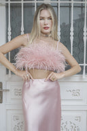 PUDRA RENK SATEN DEVE KUŞU TÜYLÜ TAKIM