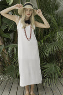 SIRT DEKOLTELİ BEYAZ KETEN ELBİSE