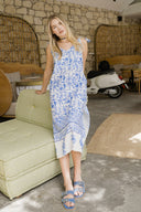 İNDİRİM SIRT DEKOLTELİ ÇİÇEKLİ KETEN ELBİSE