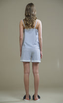 ÇİZGİLİ GOFRE KUMAŞ FİSTO DETAYLI ASKILI-ŞORTLU TAKIM