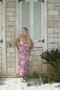 SIRT DEKOLTELİ PEMBE DESENLİ KETEN ELBİSE