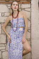 MAVİ DESENLİ HAM KETEN CROP-ETEK TAKIM