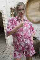 PEMBE ÇİÇEKLİ KETEN GÖMLEK-ŞORT TAKIM