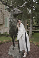 BEYAZ RENK SİYAH BİYELİ ŞAL YAKA DANTELLİ YARASA KOL KİMONO