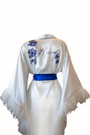 DEVE KUŞU TÜYLÜ SAKS MAVİ BİYELİ KİMONO