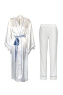 BEYAZ RENK MAVİ BİYELİ ŞAL YAKA DANTELLİ YARASA KOL KİMONO-PANTOLON TAKIM