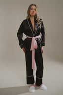 ACI KAHVE-PUDRA MIKS SATEN ŞAL YAKA KİMONO-PANTOLON TAKIM